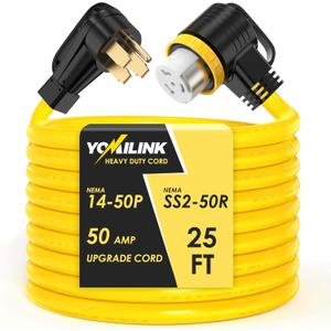 YOMILINK 25 Feet 50 Amp RV/Generator Cord, 100% Copper Wire, NEMA 14-50P to SS2-50R Twist Lock, Newly Designed 90Grip Handle, 6/3+8/1 Gauge STW Wire