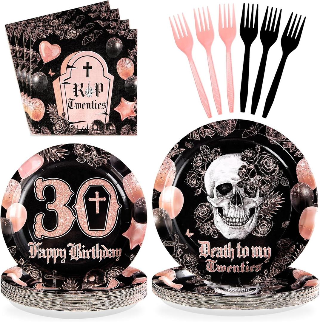 Grencian 96Pcs Death to My 20s Decorations Rose Gold and Black Death to My Twenties Plates Dirty 30 Year Old Party Decorations Tableware for 30th Birthday Party Decorations for Her Serves 24
