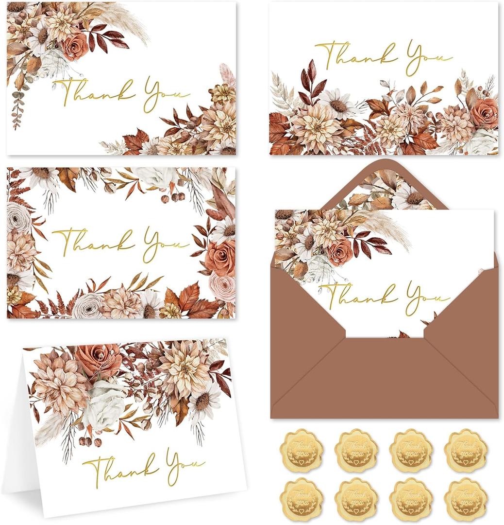 Whaline 24 Pack Boho Floral Thank You Cards Bulk Retro Fall Flower Leaves Blank Note Cards with Envelopes Stickers Thanksgiving Greeting Card for Wedding Bridal Baby Shower