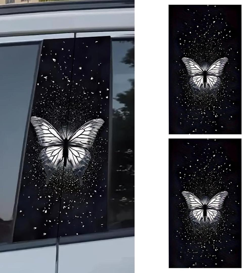 2 PCS B Pillar Sticker Decal, Starry Sky Butterfly Car Middle Pillar Sticker, Vinyl Waterproof Self-Adhesive Decal, Scratch Cover for Vehicle Exterior, Glass, Metal (Multicolored)