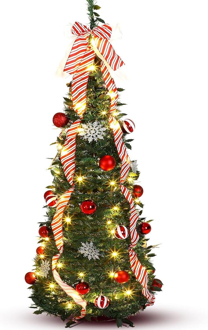 1 Set 5ft Pre-lit Pop up Christmas Tree with Lights Artificial Collapsible Foldable Christmas Pencil Tree Gold Red Ribbon Balls Ornaments for Xmas Holiday Party Garden Home Wedding Decor