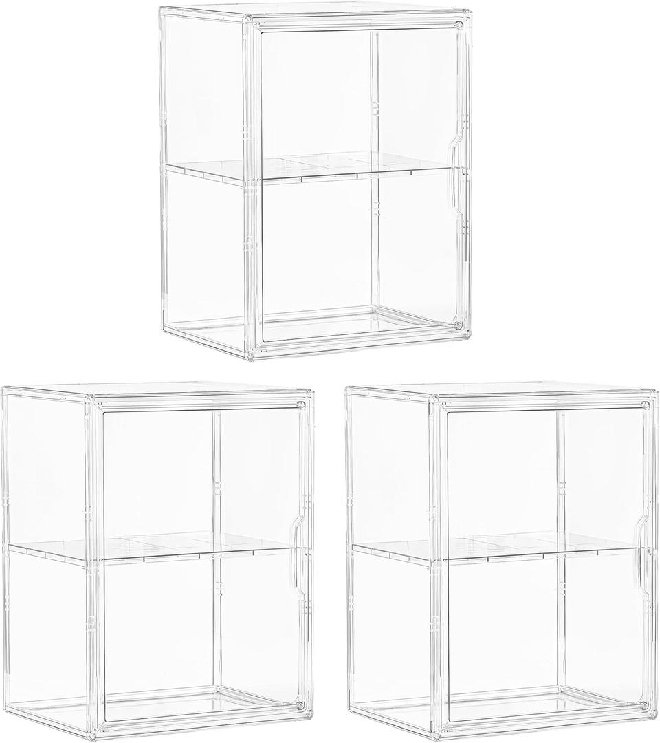 Acrylic Display Case for Collectibles, Clear Storage Bin with 3 Adjustable Layers and1 Removable Divider, Stackable Clear Storage Box With Magnetic Door for Figures, Home or Office,Large,3 Pack