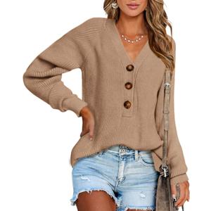 BTFBM Women Long Sleeve V Neck Button Down Sweater Solid Color Ribbed Knit Sweater Casual Relaxed Fit Pullover Jumper (Large)