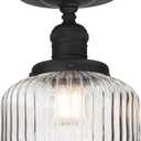 Yosoan Indoor Vintage Ceiling Light with Striped Shade, 1-Light Hardwired Modern Vanity Light Industrial Single Rustic Semi Flush Mount Ceiling Lamp Ribbed Glass Shade for Kitchen Hallway(Black)