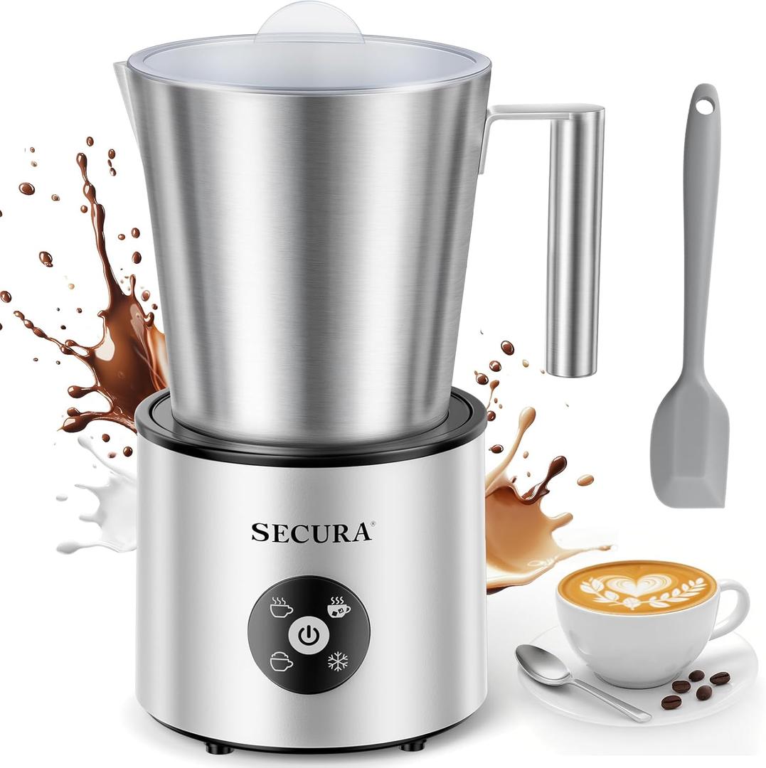 Secura 4-in-1 Automatic Milk Frother, 17oz Teflon-Free Stainless Steel Jug, Hot/Cold Foam Maker & Milk Warmer for Latte, Cappuccino, Macchiato, Hot Chocolate, Includes Silicone Spatula & 2 Whisks