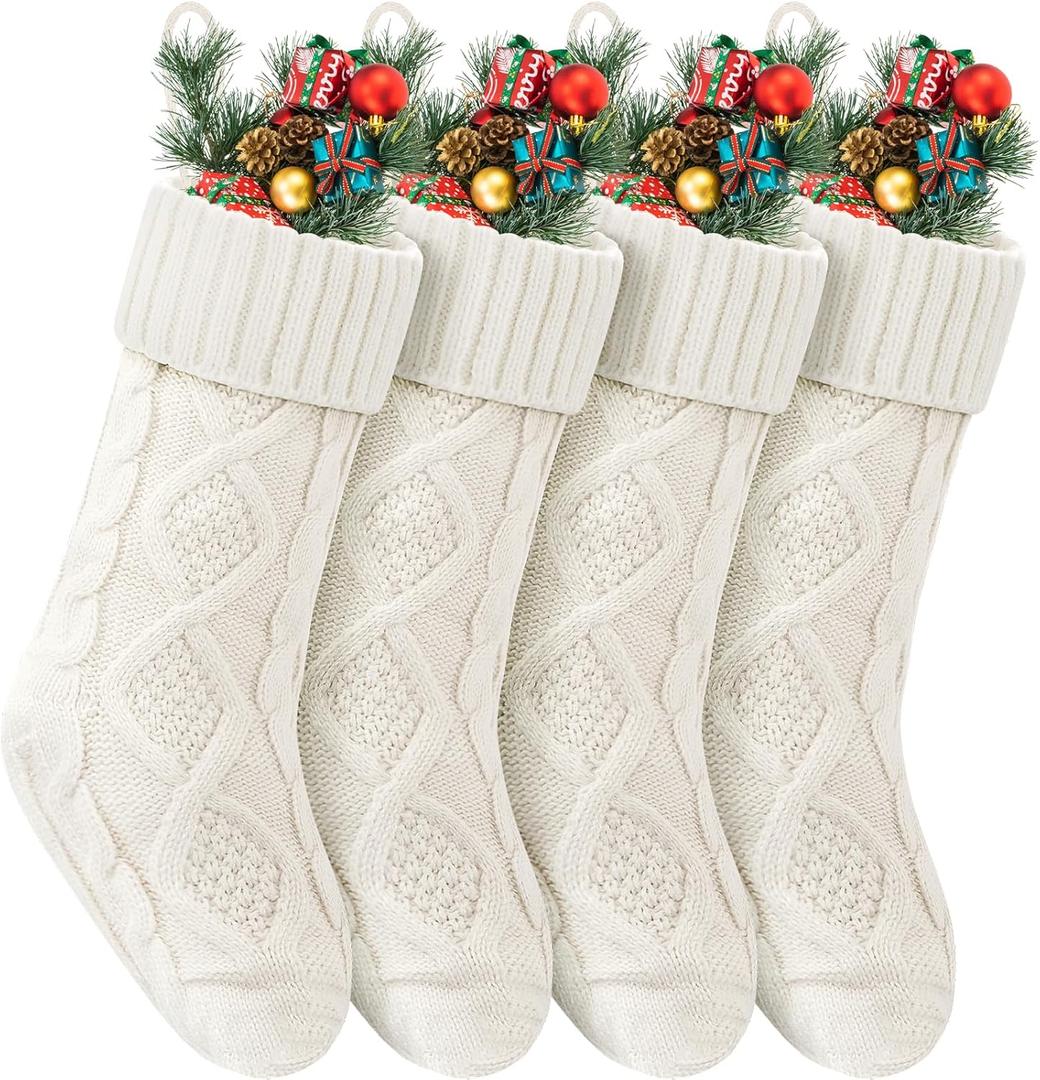 VIBILIA Christmas Stockings 4 Pack, 18 Inches Large Size Knitted Xmas Stocking for Fireplace, Holiday Party Decorations (White 4pcs)