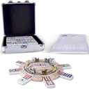 Mexican Train Dominoes Set Double 12 Color Dots with Wooden Hub 8 Metal Trains and Aluminum Case