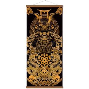 2 x Warriors Dreams Canvas Wall Art Print Poster Armored Helmet Samurai spirit with Scroll Wood Framed Ready to Hanger Home Karate Hall Sushi Restaurant Decor 16x35