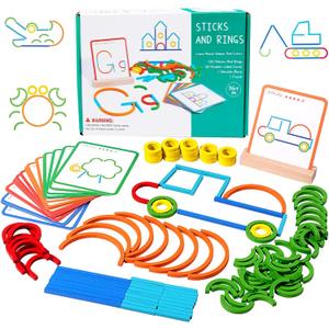 120-Piece Wooden Pattern Blocks Set with Sticks and Rings - Montessori Shape Puzzles for 3-8 Years Old, Ideal Educational Toy for Preschool and Kindergarten Kids