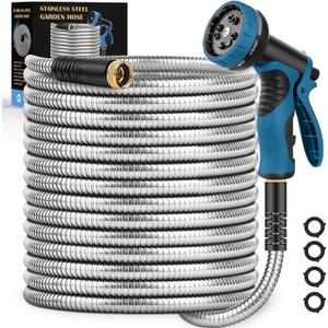 Garden Hose 100FT, Water Hose with 10 Function Nozzle, Garden Hose Metal with Leak-proof Connectors, Kink-Free & Ultra Flexible, Rust/Pet/Puncture Proof for Lawn, Yard, RV, Car Wash, 550PSI