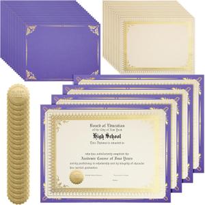 Fainne 50 Sets Certificate Kit Includes 50 Pcs 9.5 x 12 Inch Certificate Holders 50 Pcs Letter Size Papers 50 Pcs Foil Award Seals Diploma Covers for Appreciation(Purple, Gold)