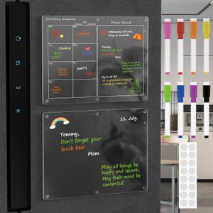 Magnetic Acrylic Calendar for Fridge,2 Pack 11"x15" Clear Fridge Calendar Dry Erase Magnetic Planning Boards Set(Monthly Planner+Blank Memo Board)