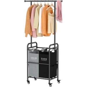 Tajsoon Laundry Sorter with Hanging Bar, 2 Section Laundry Hamper with Lockable Wheels and Removable Bag, Black & Gray