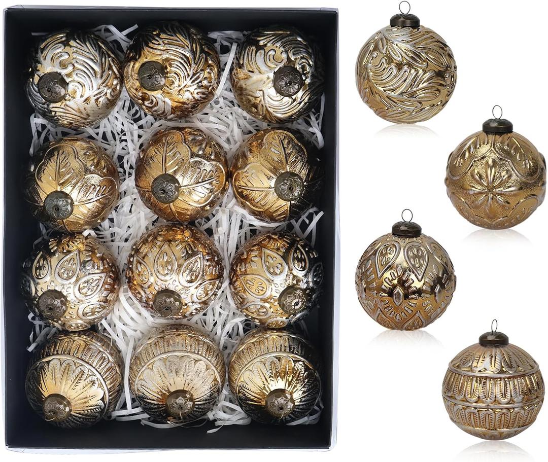 Retro Patterns Christmas Ball Ornaments - 12PCS, 3.15''/80mm Embossed Shatterproof Vintage Hanging Ball Decoration for Xmas Tree Holiday Decor (Antique Bronze)