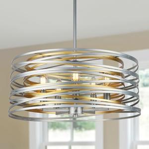 ACNKTZ 19.7'' Double Round Metal Chandelier, 5-Light Modern Farmhouse Dining Room Lights Over Table, Gold Chandelier for Hallway Kitchen Island Entryway Stairwell, Silver with Gold Interior
