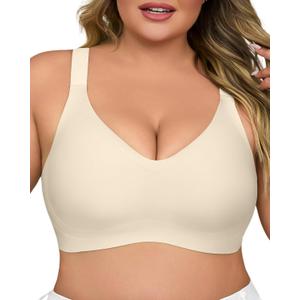 Plus Size Wireless Bras for Women V Neck Seamless Bras Comfort Full Coverage Bralette Push Up Soft Cup Everyday Sleep Bra Fog (Beige, XXXL)