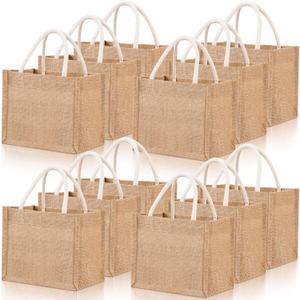 Cunno 12 Pcs Burlap Tote Bag Mini Jute Reusable Bag with Handles Small Blank Canvas Gift Waterproof for Wedding Beach DIY (8.27 x 5.91 x 9.06)