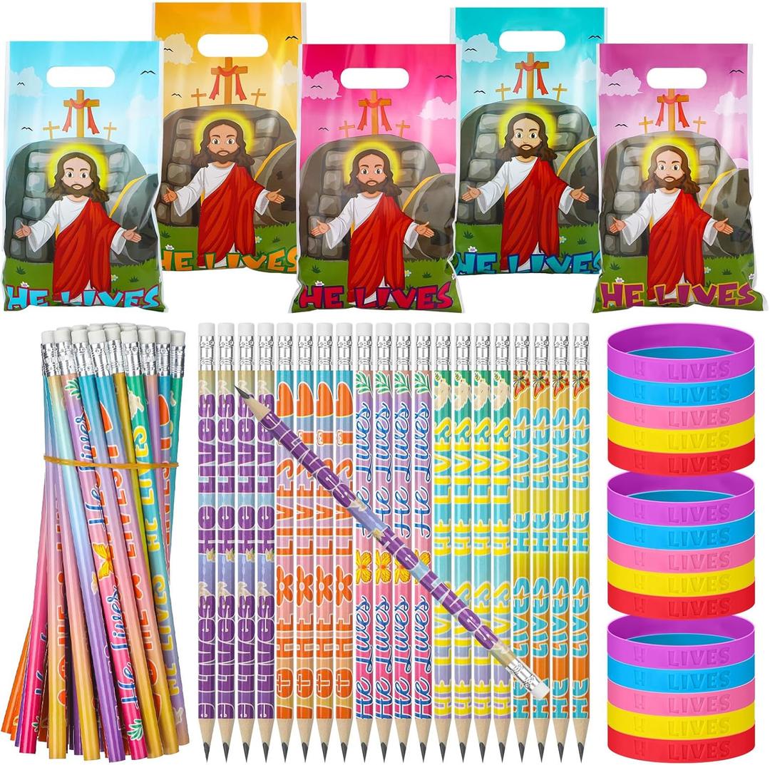 Ireer 180 Pcs Easter Party Favors Set He Lives Gifts Includes 60 Pcs Plastic Easter Goody Bags 60 Pcs Silicone Wristband Religious Pencils for School Home Party Favors