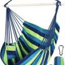 Chihee Hammock Swing Chair - Strong Metal, Collapsible, Portable, Max 500 lbs, Comfy Seat, Patio & Lawn, Cotton Blended, Indoor/Outdoor (130 x 100 cm - Collapsible Bar, Blue Green Stripes)
