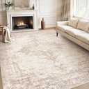 8x10 Area Rugs Washable Rug: Large Vintage Living Room Rug with Non-Slip Backing Low Pile Soft Indoor Floor Thin Carpet Neutral Carpets for Bedroom Dining Room Farmhouse Nursery Brown/Cream
