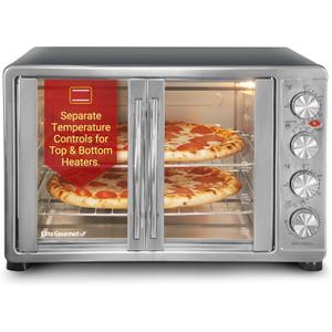 Elite Gourmet ETO4510B# French Door 47.5Qt, 18-Slice Convection Oven 4-Control Knobs, Bake Broil Toast Rotisserie Keep Warm, Includes 2 x 12" Pizza Racks, Stainless Steel