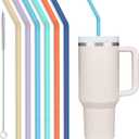 XANGNIER Pastel Color 14 Extra Long Silicone Replacement Straws for Stanley 40 oz Cup,Reusable Flexible Tall Big Drinking Straws with Cleaning Brush for 20,30 Ounce Tumblers,6 Pack