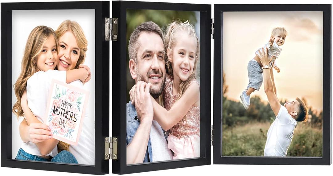 3 Picture Frame 5x7 Black Triple Hinged MDF Wood with Glass Front Three Opening Photo Frame Stand Vertical on Tabletop