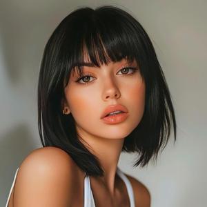 Short Bob Wig with Bangs, Natural Black Synthetic Straight Hair Wigs for Women, 14 Inch Cosplay Costume Bob Wig (Black)