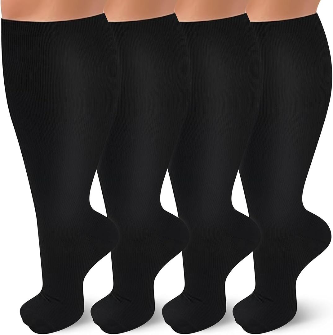 TZYSOKC 4 Pairs Plus Size Compression Socks for Women & Men 20-30 mmhg Extra Wide Calf Knee High Support Socks for Circulation(B 2XL)