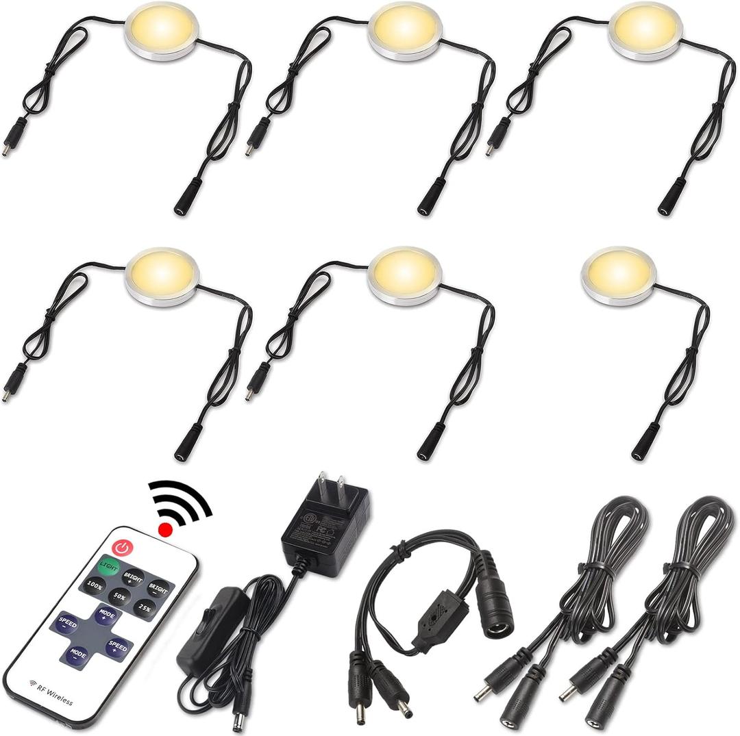 LED Closet Lighting, Round Under Cabinet Puck Lights, Daisy Chained, 110 Volt Plug-in, RF Dimmable Remote Control, Y Splitter, Extension Cables, Black Wires, Warm White 2700K, 6 Lights