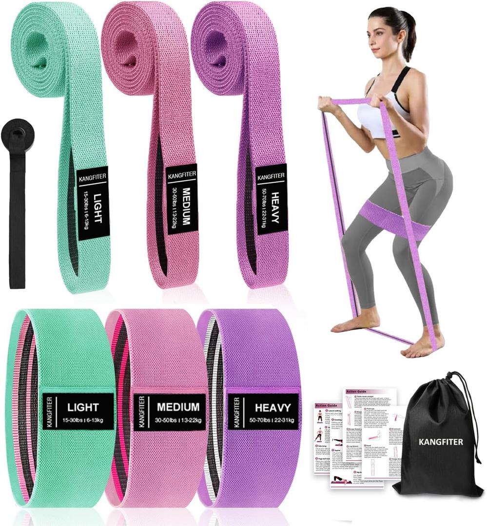 KANGFITER Long and Short Fabric Resistance Bands with Door Anchor 7 PCS, Non-Slip Stretch Booty Bands for Working Out Women & Men, Loop Exercise Elastic Bands for Home Physical Therapy Yoga Pilates (Green, Pink, Purple 7 PCS)