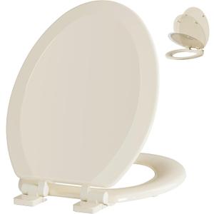 Angol Shiold Quiet-Close Molded Wood Toilet Seat with Non-Slip Adjustable Hinges, Anti-Pinch Bumpers, Easy Install & CleanBone, Elongated 18.5''