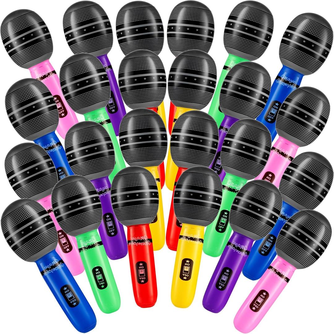 Inflatable Microphones for Parties - (Pack Of 24) 10-Inch Neon Colors Blow Up Microphone for Kids & Adults, Party Favors, Giveaways, DJ-Props, Photo-Booth, Birthdays, Dance, Sing, Concert Decorations