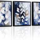 LevvArts Botanical Leaves Wall Art Framed Navy Blue and White Painting Canvas Prints Blue Bathroom Wall Decor
