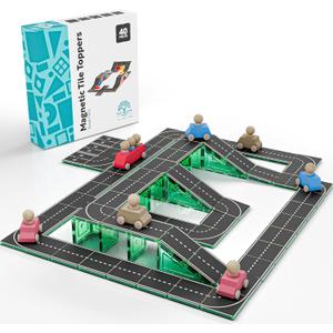 Learn & Grow Magnetic Tiles Road Expansion Pack - 40PCs Road Toppers Set for Cars, STEM Learning & Building Toy - Magnetic Tile Accessories for Kids 3+, Toddler - Add Car Roads to Any Magnet Tiles Set
