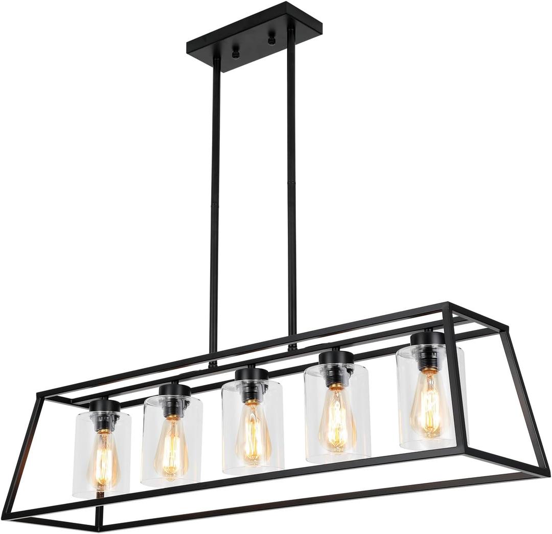 Kitchen Island Lighting,5-Light Black Chandeliers for Dining Room Light Fixtures Over Table, Farmhouse Rectangle Chandelier Island Lights for Kitchen with Cylinder Clear Glass, L40" - 5 Light