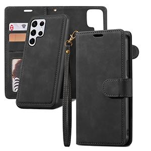 QLTYPRI Case for Samsung Galaxy S25 Ultra, 2 in 1 Detachable Wallet Case PU Leather with Card Slots Kickstand Wrist Strap Magnetic Closure Shockproof Flip Cover for Samsung S25 Ultra - Black