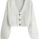 COZYEASE Women's Long Sleeve Button Down Crop Cardigan Sweater Ribbed Knit V Neck Sweater Knit Bolero Shrug (White), S