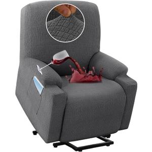 H.VERSAILTEX 100% Waterproof Stretch Recliner Cover 1 Piece Electric Power Lift Recliner Chair Slipcovers Furniture Protector Couch Soft with Elastic Bottom, Medium,Grey