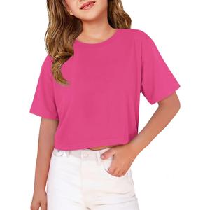 ZDC Girls T Shirts Short Half Sleeve Crew Neck Drop Shoulder Loose Fit Summer Crop Tops 5-14 Years (Pink)