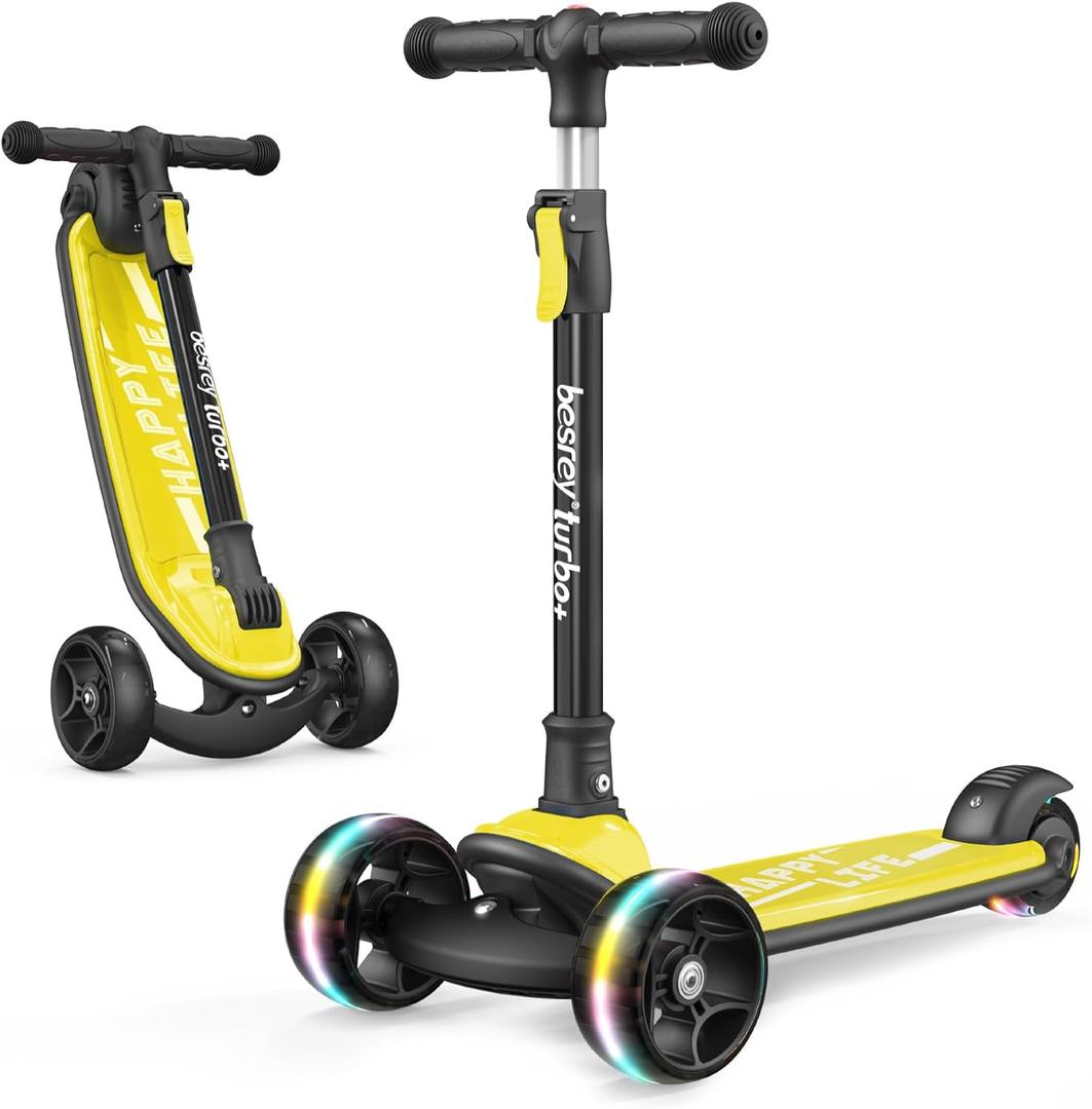 besrey 3 Wheel Scooter for Kids Ages 3-10 with 4 Adjustable Height | LED Light Wheels, Foldable Toddler Scooter, Extra Deck, Lean-to-Steer Design, Sturdy and Safe