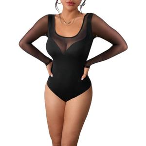 Pasgreson Women's Sexy long sleeve Bodysuit See Through Tops Party Night Out Club Outfits Slim Leotard Body Suits (Medium, 01- Black)