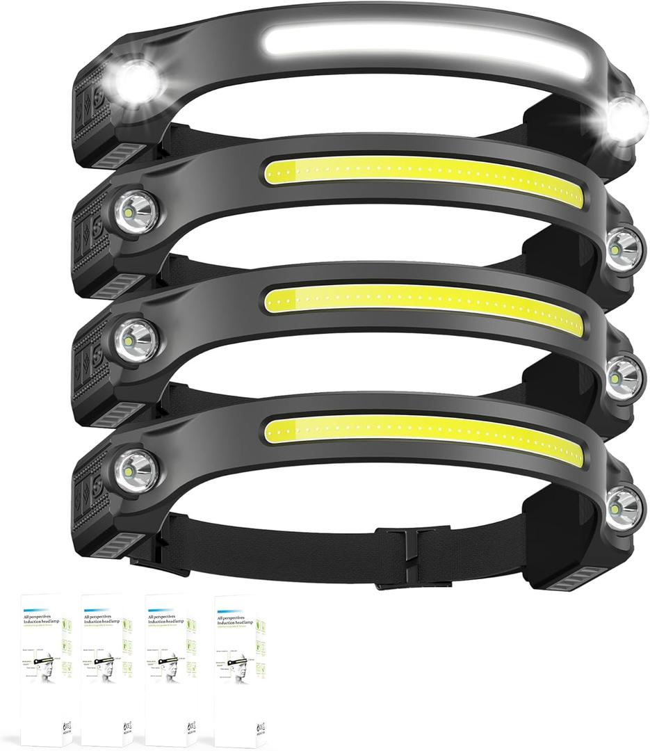 AlpsWolf LED Headlamp Rechargeable, 2 XPE LED and COB LED Head Lamp, Sensor Mode, 260 Wide Beam, IPX4 Waterproof, Rechargeable Headlight for Camping Accessories (4 Pack)