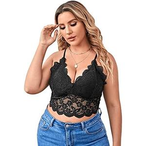 SOLY HUX Women's Plus Size Sexy Floral Lace Scalloped Trim Wireless Bra Adjustable Strap V Neck Everyday Bralette, Black, 3XL