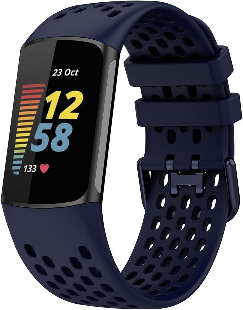 Sport Bands Compatible with Fitbit Charge 6, Adjustable Breathable Soft Silicone Sport Replacement Watch Band Straps Wristbands Bracelet for Charge 5 Activity Tracker Women Men (1-Navy Blue)