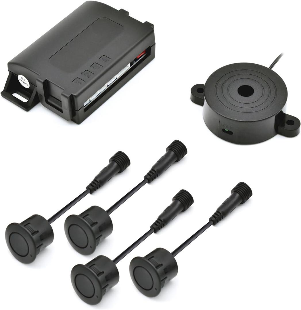 Promata PS02 Car Rear Parking Sensor Kit with Buzzer,4 58KHz OE Standard Sensors,Auto Tow-Bar Recognition and Self Test Function,Detection Range(0~59 inch)