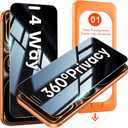 OMOTON 360 Privacy Screen Protector for iPhone 17 Pro Max [4 Way Anti-Spy], TOP Tempered Glass with 9H+ Hardness & 12FT Military Grade Shatterproof, Total Privacy Shield, Full Coverage Protection, 2 Pack