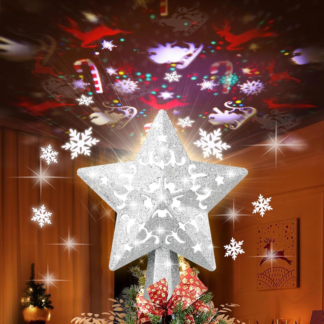 Christmas Tree Topper, Christmas Star Tree Topper Built-in LED Rotating Lights, Plug in 3D Sliver Glittered Star Tree Topper for Xmas Party Holiday Decorations (Silver)
