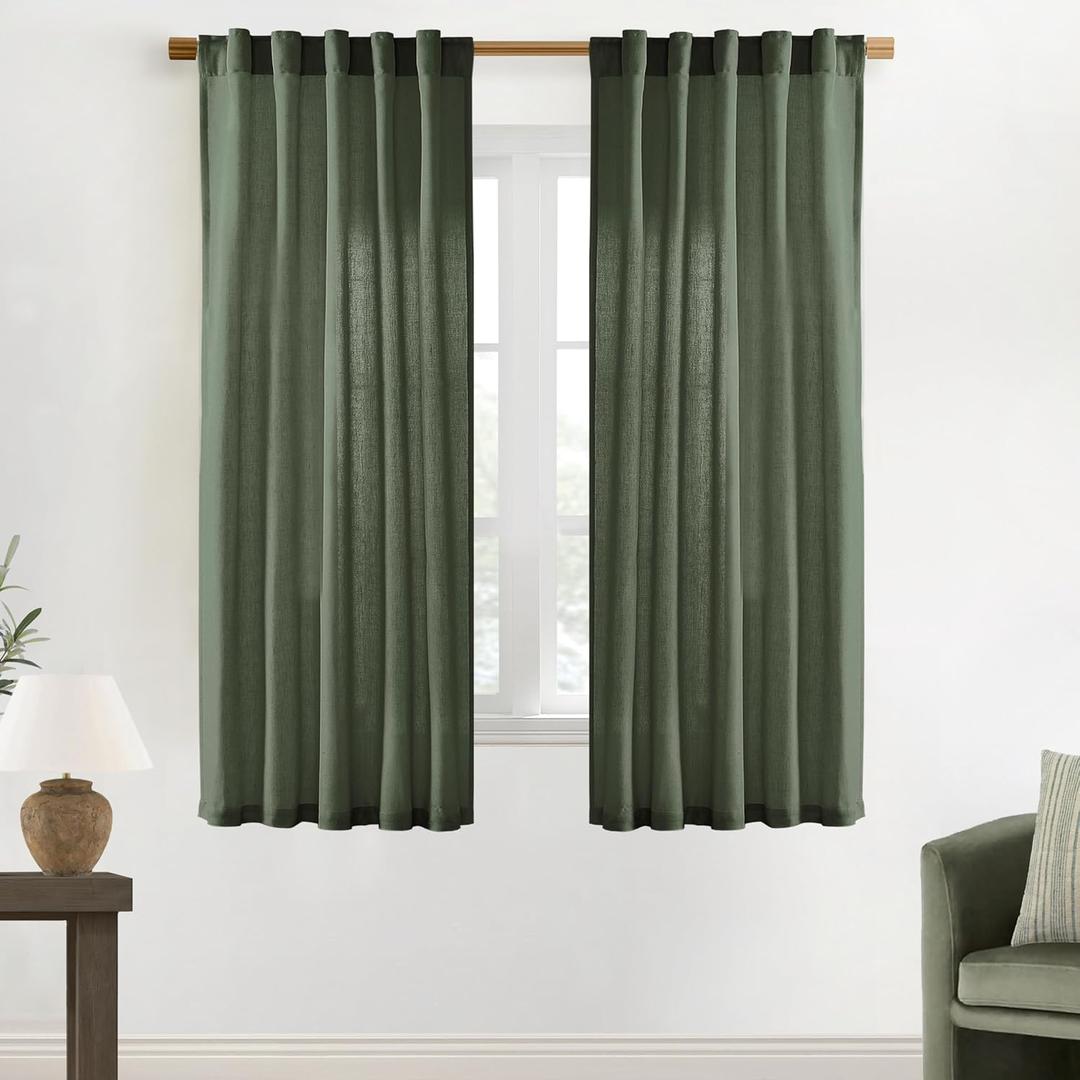 XTMYI 68 Inch Curtains 2 Panel Set, Linen Boho Semi Sheer Curtains for Bedroom Living Room, 40x68 in Long, Olive Green