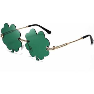 Green Shamrock Sunglasses, St. Patrick's Day Novelty Costume Eyewear, Gold Metal Temples